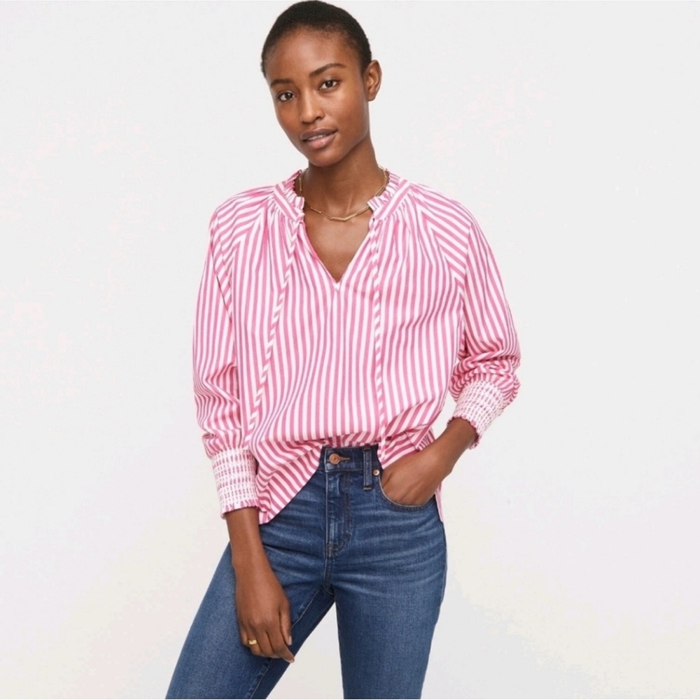 J. Crew Smocked-cuff popover top in stripe‎ Pink Striped Camisole - Picture 3 of 9
